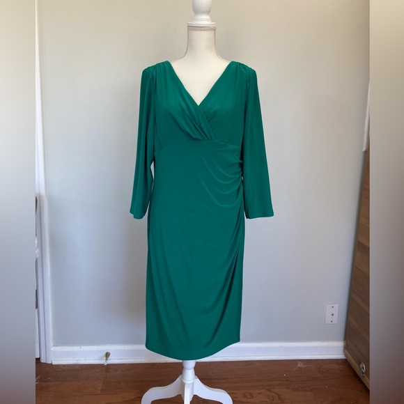 Lauren Ralph Lauren Dresses Emerald Green Jersey Faux Wrap Ruched Midi Dress - Picture 1 of 6